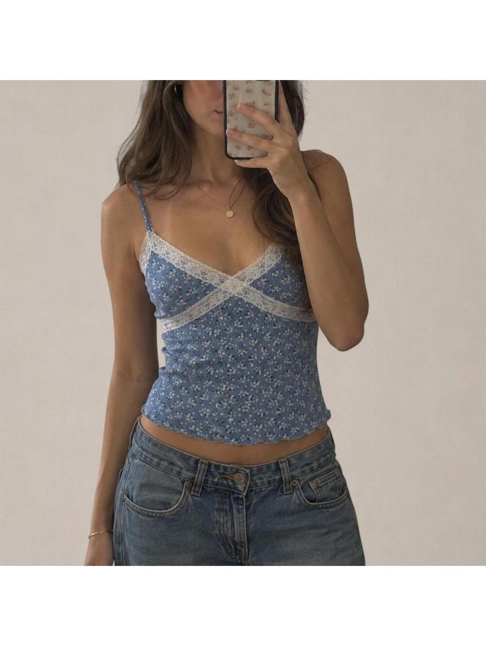 Wild Love Blue Floral Lace Cami Top – Size Large